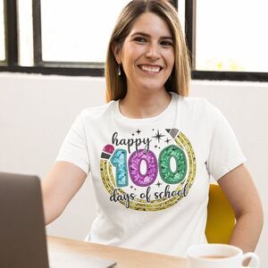 Happy 100 Days of School Faux Glitter Short Sleeve Tee Shirt